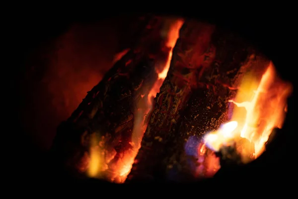 Closeup Woods Burning Fire Flames Dark — Stock Photo, Image