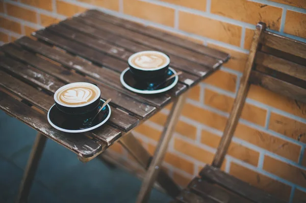 Över Koppar Kaffe Träbord — Stockfoto