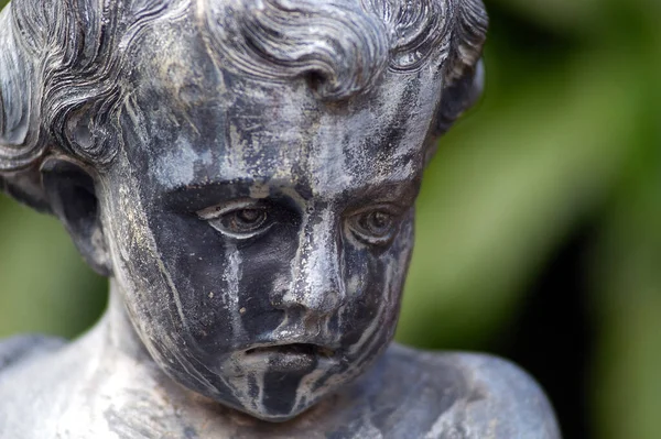 A closeup shot of the face of a statue on blurry background