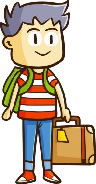 Sırt çantası ve çizgili tişörtü olan gülümseyen bir çocuğun vektör çizimi.