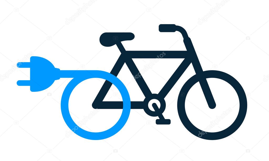 Electric bicycle or e-bike with a charging cable and plug - icon vector illustration isolated on white