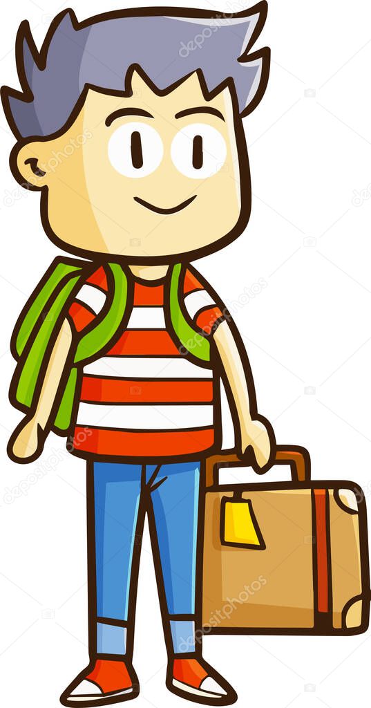 A vector illustration of a smiling boy with a suitcase and a backpack in a striped t-shirt