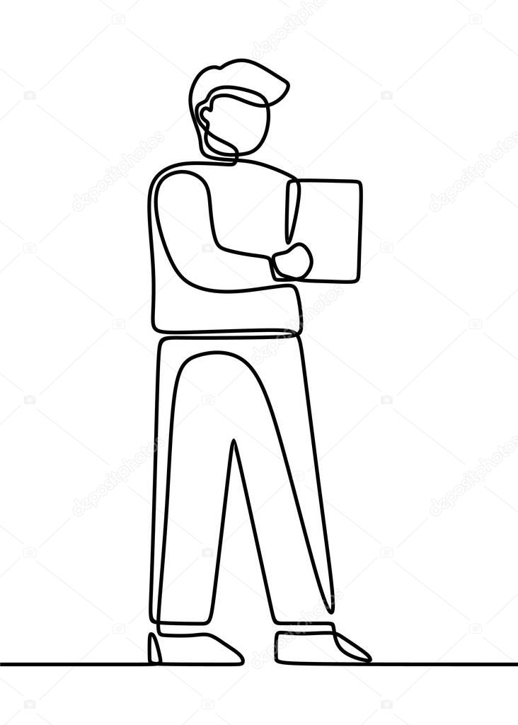A continuous single line vector illustration of a businessman working with docs