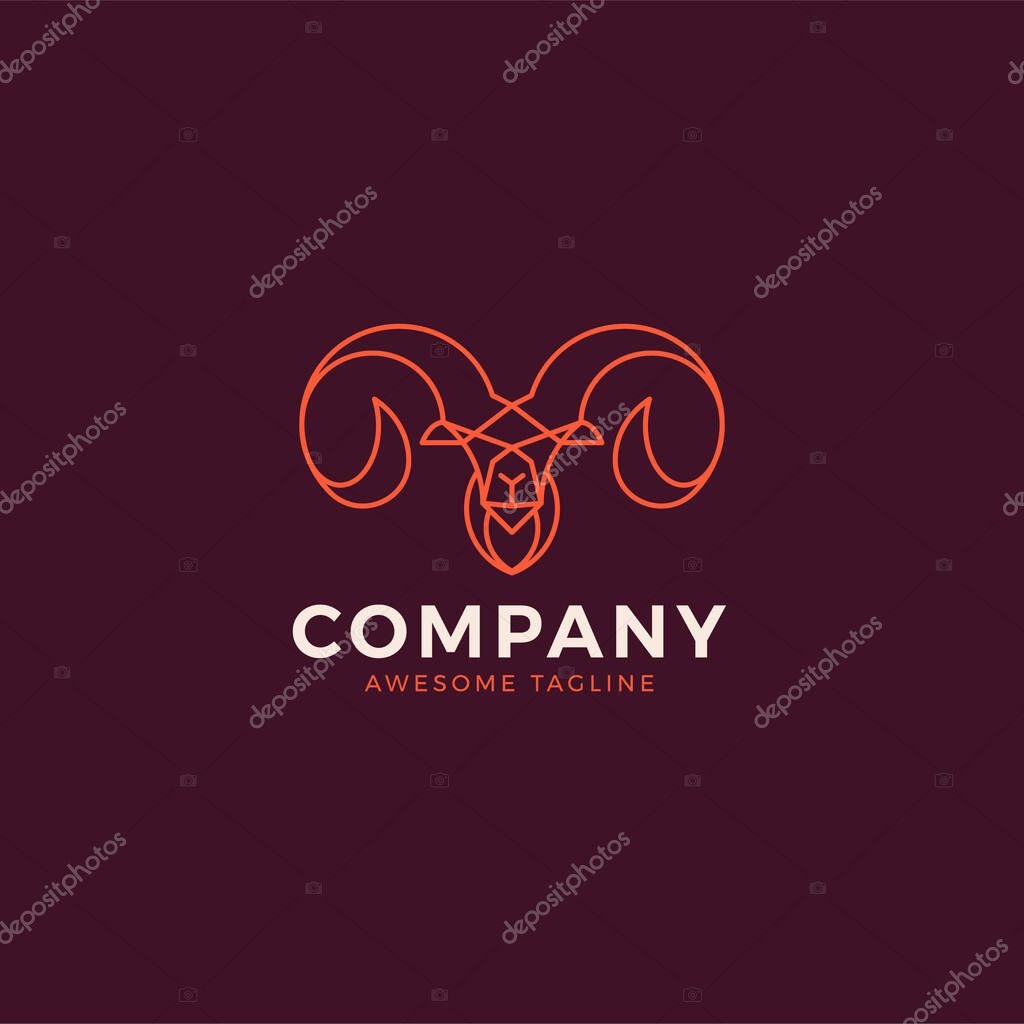 A vector of a monoline style logo template with a male sheep icon on a maroon background