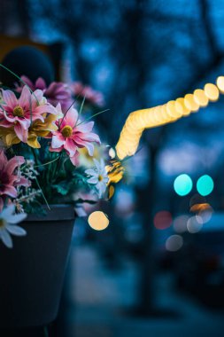 Arka planda bokeh ışıkları olan bir çiçek buketinin dikey çekimi.