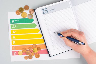 Boş kağıt, Euro para sikkeleri, elektrik tüketimi grafiksel, artan elektrik maliyetleri, yeşil teknoloji, enflasyon, yoksulluk ve çevre sorunu