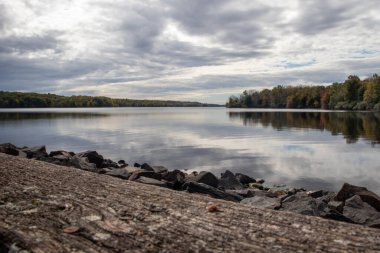 Güz ağaçlarının büyüleyici görüntüsü gölde yansıyor çok bulutlu gökyüzünün altında
