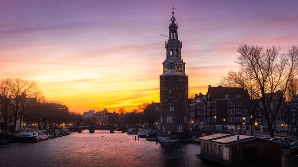 Die Montelbaanstoren Während Des Wunderschönen Sonnenuntergangs Amsterdam — Stockfoto