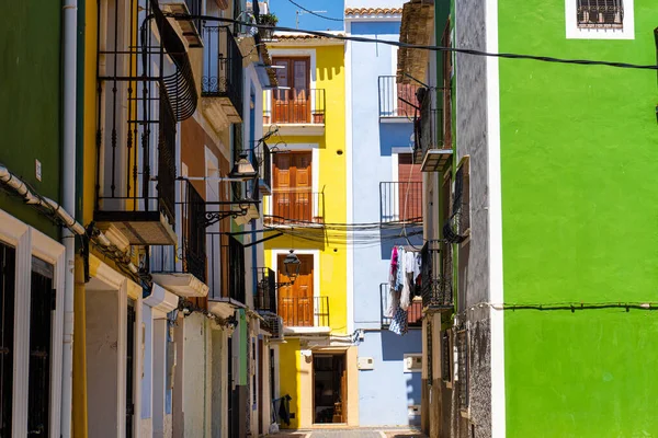 Typical Houses Buildings Facades Painted Bright Colors Sunny Day Villajoyosa — Stock Photo, Image