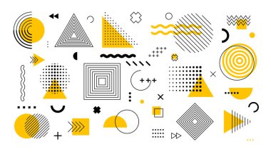 100 geometrik şekil seti. Memphis tasarımı, web, vintage, reklam, ticari afiş, poster, broşür, reklam panosu, satış için retro unsurlar.