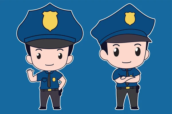Chibi Kawaii Ein Junge Blauer Polizeiuniform Winkt Mit Der Hand — Stockvektor