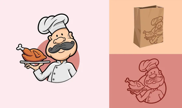 Chef Met Gegrilde Kip Geschikt Voor Gebruik Als Logo Voor — Stockvector