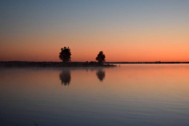 Montreal, Kanada 'da Susnet sırasında gölde yansıması olan ağaçların büyüleyici görüntüsü