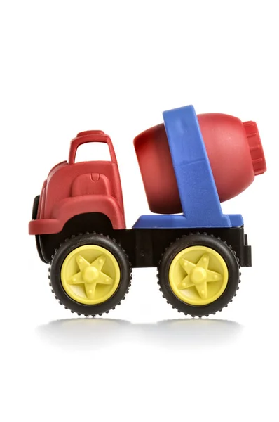 Tiro Vertical Caminhão Cimento Brinquedo Plástico Vermelho Azul Fundo Branco — Fotografia de Stock