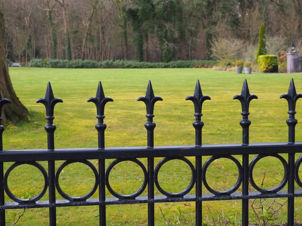背後に森のある金属製の装飾フェンスの上にヴィラの芝生と公園の冬景色 — ストック写真