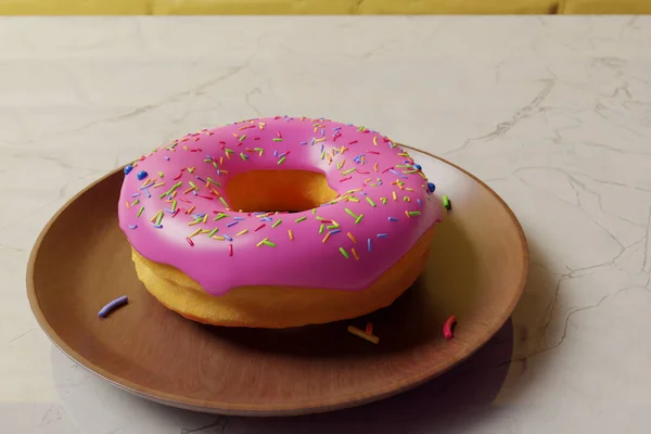Pembe Kremalı Çörek Mermer Masa Manzaralı Tabakta Donut Düz Uzanmış — Stok fotoğraf