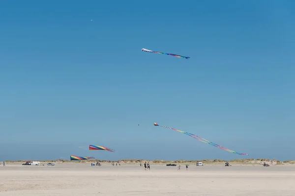 Uma Bela Foto Pipas Coloridas Voando Céu Uma Praia Dinamarca — Fotografia de Stock