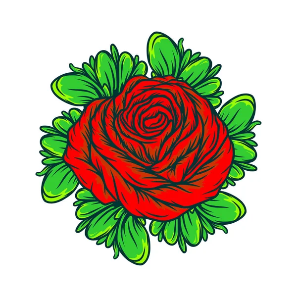 Κόκκινο Τριαντάφυλλο Πράσινα Φύλλα Που Απομονώνονται Λευκό Φόντο Κλιμακωτά Γραφικά — Διανυσματικό Αρχείο