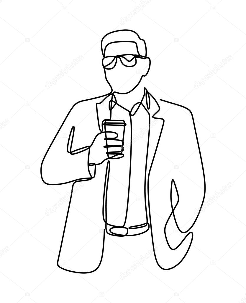 A continuous single line vector illustration of male drinking icead coffee during a coffee break