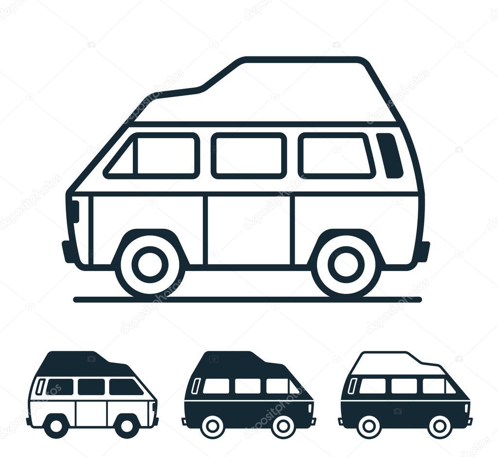 Vintage van for camping and travel on white background in four versions - vector icon collection