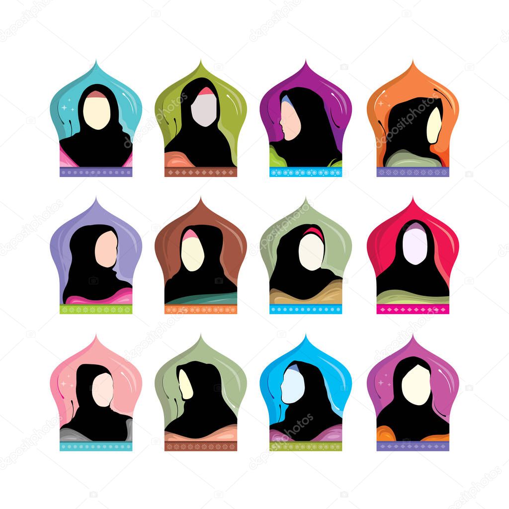 A vector illustration of twelve women in hijabs