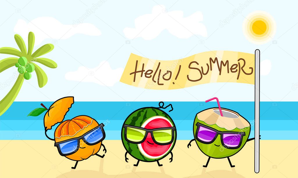 Summer vacation at the beach with cute characters orange, watermelon and coconunt