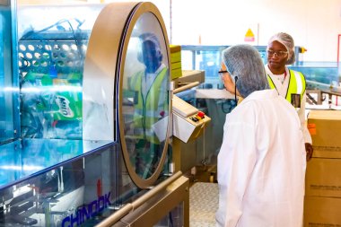 Yiyecek teknisyenleri mısır gevreği fabrikasındaki üretim hatlarını kontrol ediyor.