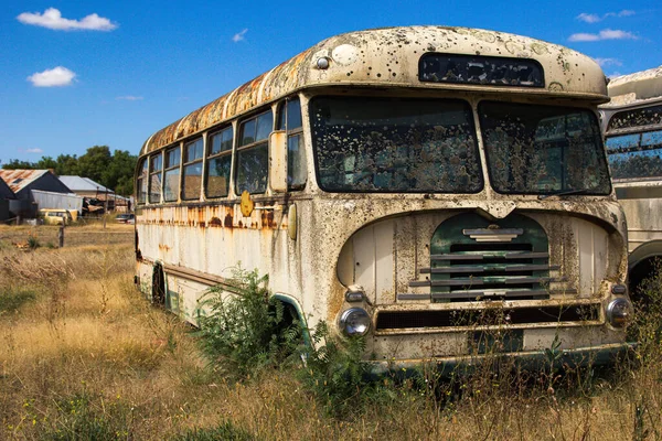Terk Edilmiş Paslı Otobüs Gras Üzerinde Yatıyor — Stok fotoğraf