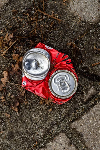 Uma Vista Vertical Cima Uma Lata Coca Cola Jogada Floresta — Fotografia de Stock