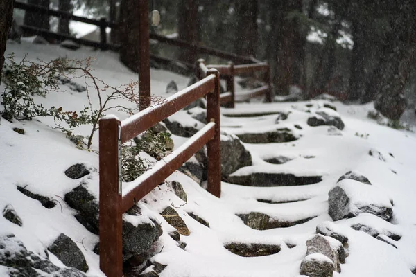 Una Escalera Piedra Una Valla Madera Cubierta Nieve Ubicada Los —  Fotos de Stock