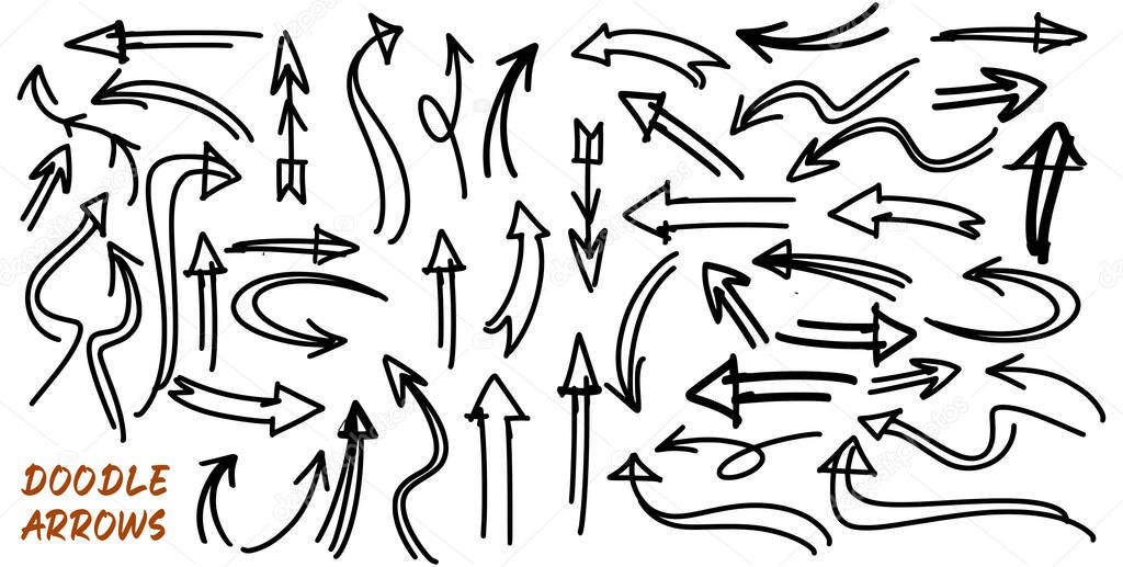 A vector illustration of doodle arrows in different shapes on a white background