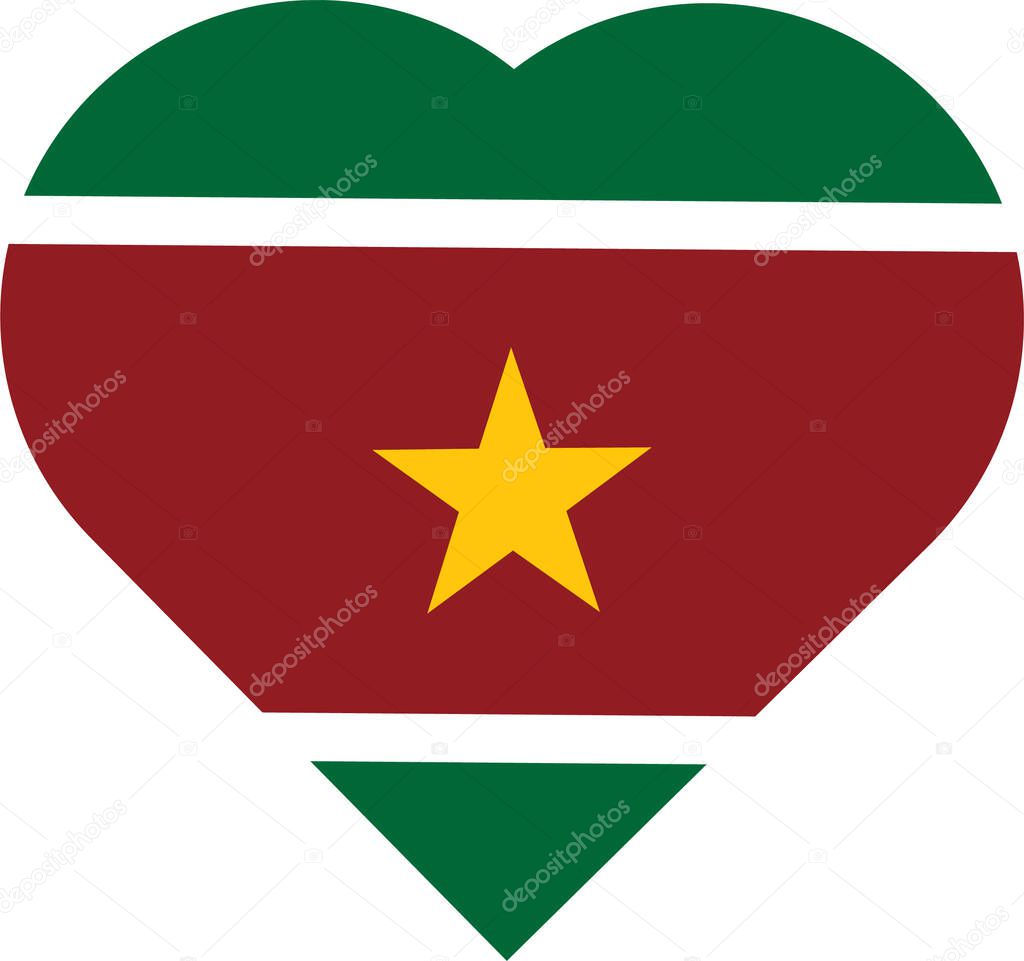 A vector of the national flag of Suriname in a heart shape on a white background
