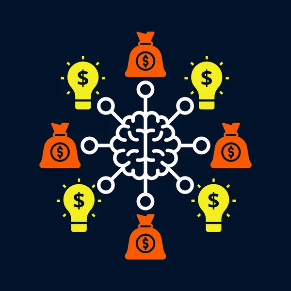 An Illustration of simple icon brain,money and bulb.Concept of money idea on darkbackground