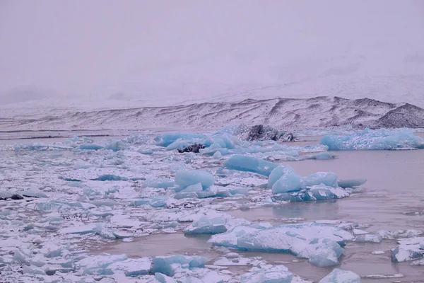 冰岛冬季 绿松石蓝色的冰山漂浮在Fjallsarlon冰川湖上 — 图库照片