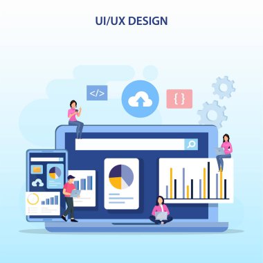 UI UX tasarımı üzerinde çalışan çizgi film karakterlerinin vektör tasarımı