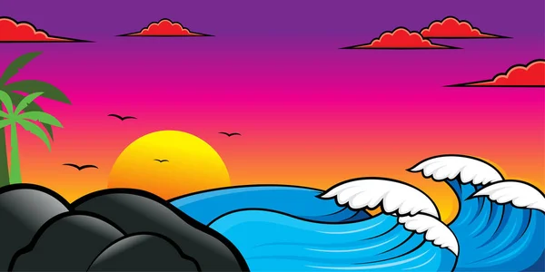 波とビーチの雰囲気のベクトルデザインとイラスト — ストックベクタ