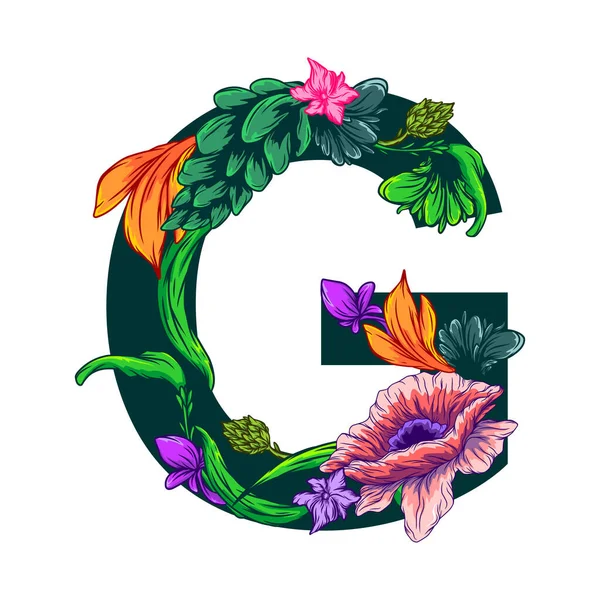 Vector Capital Letter Green Leaves Floral Patterns Grotesque Style — Stock Vector