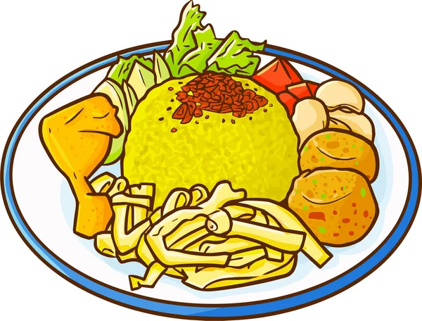 Egy Vektor Illusztráció Egy Tányér Nasi Kuning Hagyományos Indonéz Étel — Stock Vector