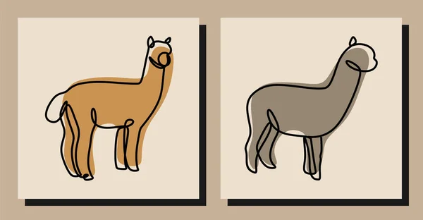 Vetor Ilustração Digital Desenhos Alpaca Linha Única Fundo Marrom Claro — Vetor de Stock