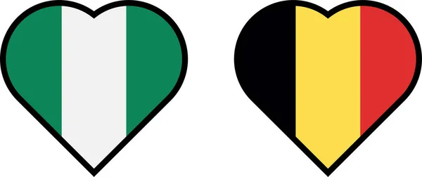 Wektor Narodowych Flag Nigerii Belgii Kształcie Serca Białym Tle — Wektor stockowy