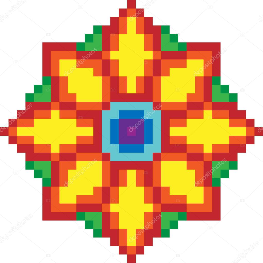 A vector illustration of a pixelated colorful flower on a white background