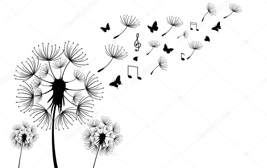 A vector design of flying dandelion seeds from scattered silhouettes isolated on a white background