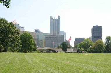 Pittsburgh.USA 'deki One PPG Place gökdelenin arka planında ağaçlarla çevrili yeşil bir çimenlik.