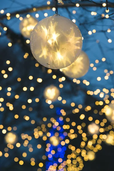 Vertical Closeup Shot Bright Lanterns Bokeh Lights — Stock Photo, Image