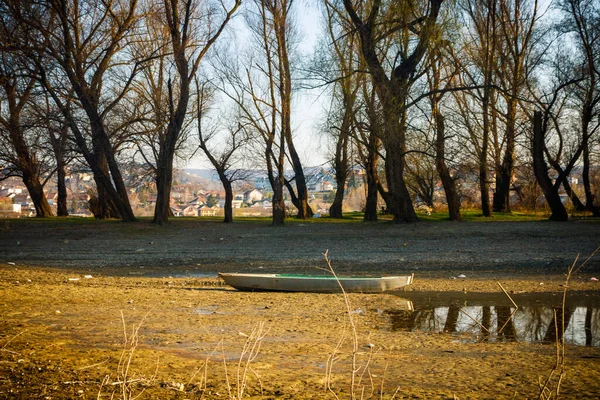 An old abandoned wooden boat under the sunlight surrounded by dry bare trees