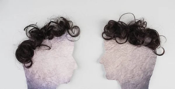 Silhouette Two Faces Hair Looking Each Other Communication Having Opinion — Stock Photo, Image