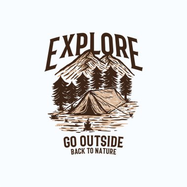 Dağ macerasının ve açık hava logo şablonunun bir vektör tasarımı metin Keşfi, kamp konsepti
