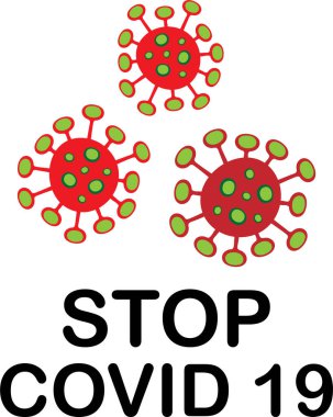Bir koronavirüs uyarı işaretinin vektör tasarımı üzerinde STOP COVID 19 metni beyaz arkaplan üzerinde kırmızı renkli