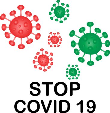 Beyaz zemin üzerinde siyah izole edilmiş STOP COVID 19 metni olan bir koronavirüs uyarı işaretinin vektör tasarımı