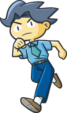 Beyaz bir arka planda koşan kızgın yüzlü sevimli bir adamın vektör çizimi.